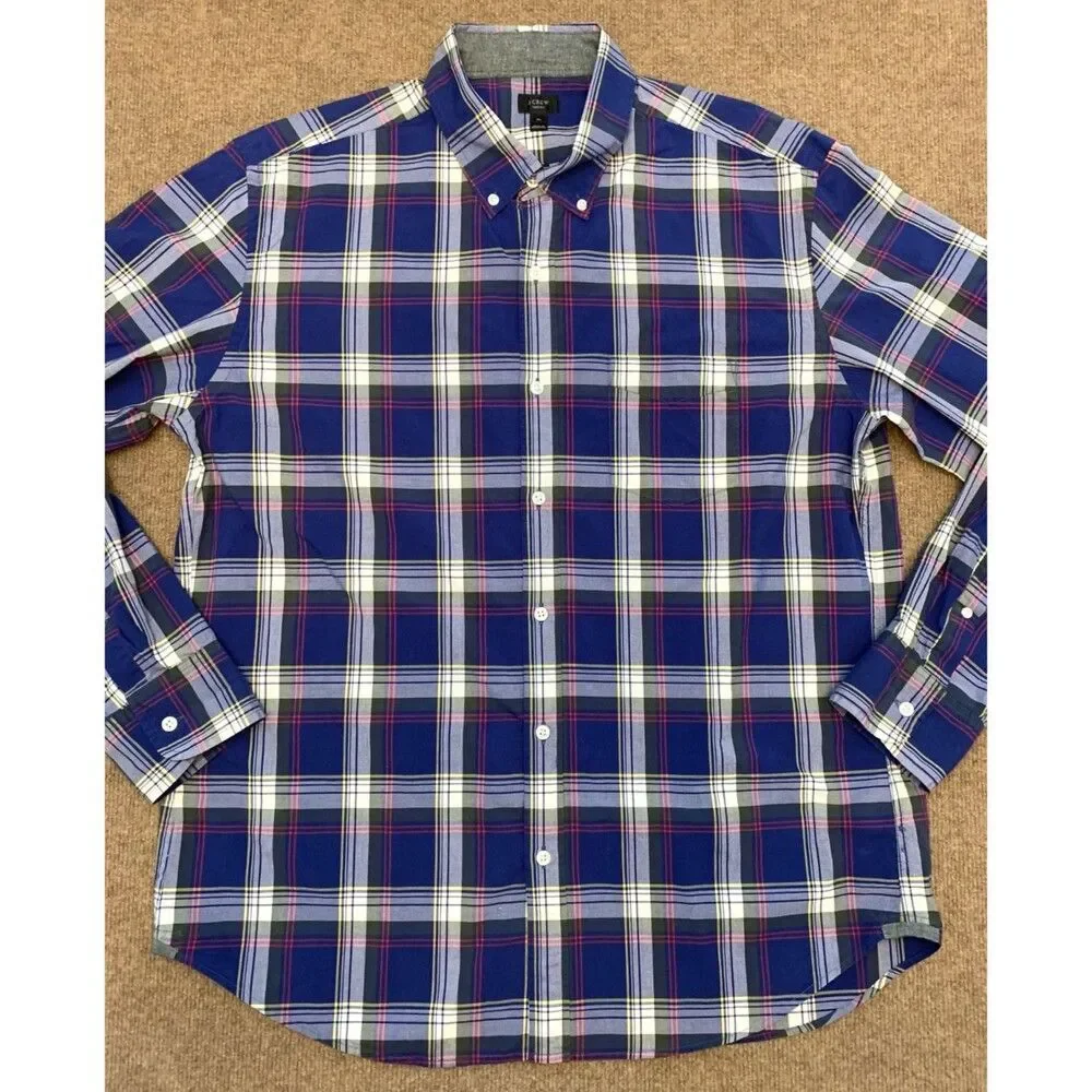 J Crew Shirt Mens XL Tartan Plaid Long Sleeve Blue Button Down Preppy Cotton